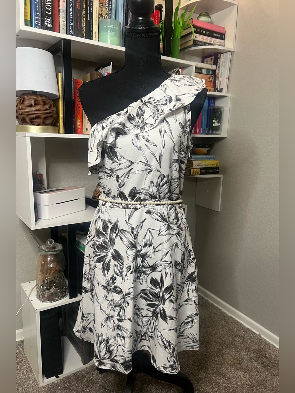 Banana Republic Black & White One-Shoulder Floral Dress